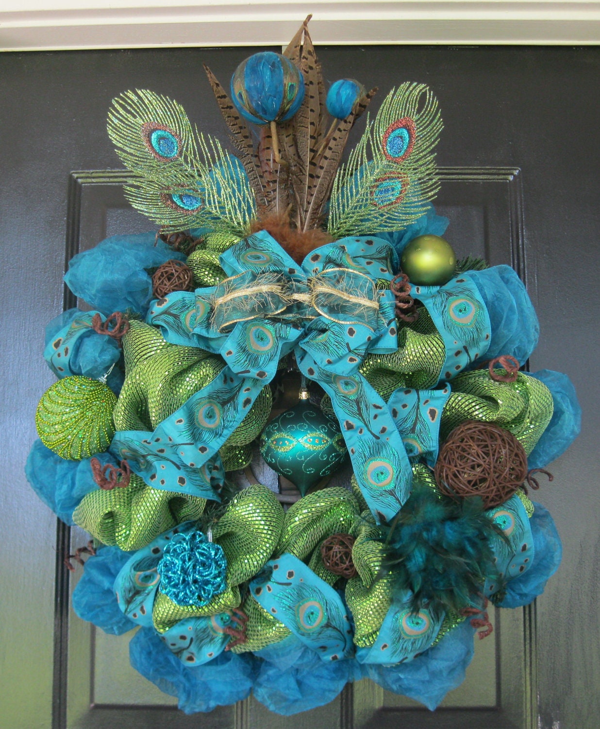 Peacock Blue and Green Deco Mesh Wreath - CajunLadyWreaths