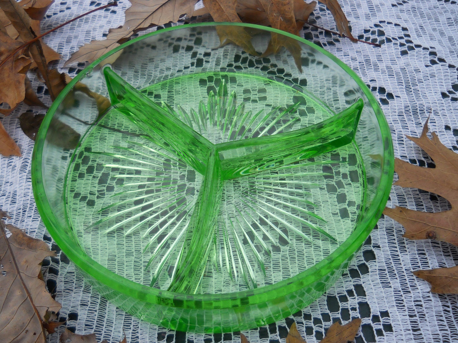 Items similar to Vintage Green Vaseline Glass Divided Relish Dish on Etsy
