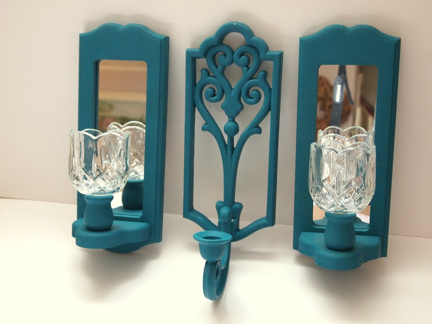 Mirror Wall Teal Candle Sconce Set of Three by MollyMcShabby