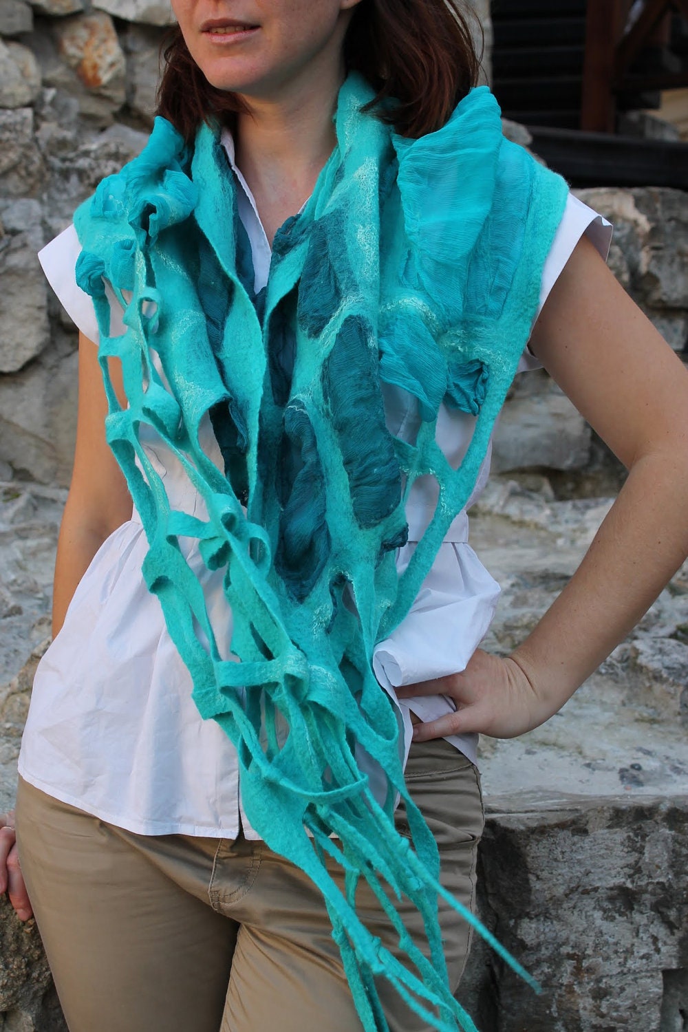 Nuno felted scarf from Merino wool fibres and silk-chiffon, aqua color