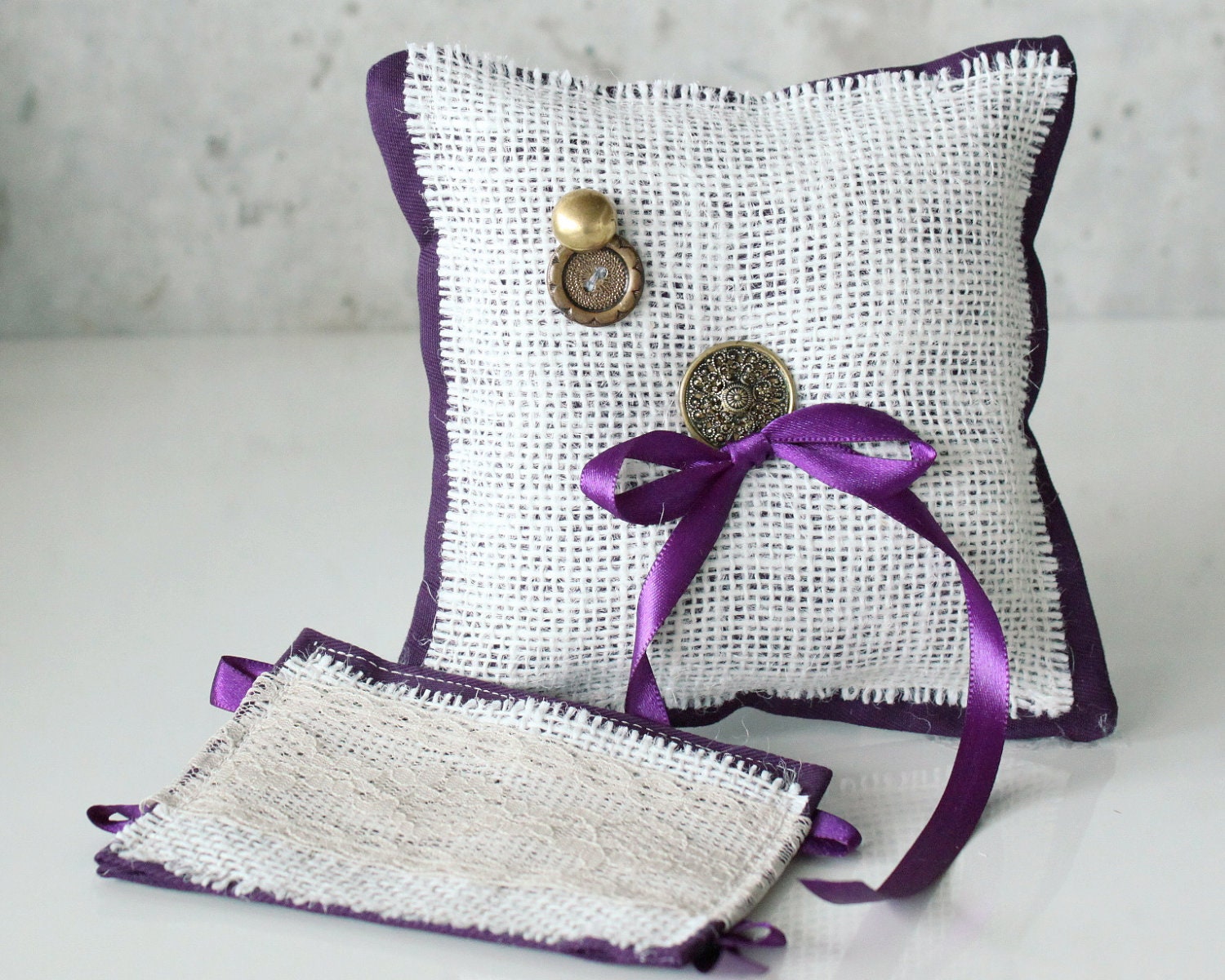 Bridal Set, Mini Ring Bearer Pillow & Bouquet Wrap, Ivory Burlap and lace, Plum/purple, with gold vintage buttons