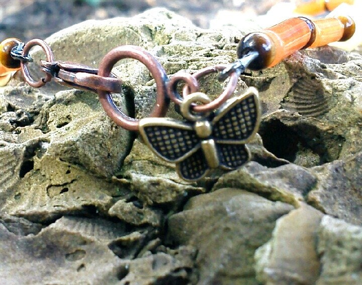 Carnelian, New Jade, Tiger's Eye necklace with ox bone lotus flower pendant