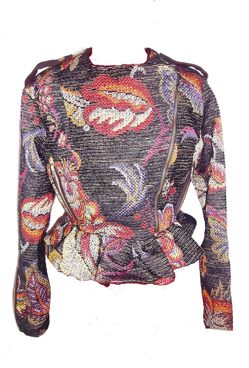 Designer handmade  brocade biker jacket /peplum /evening /zipper /'women jacket/designer jacket/women top/ floral/oriental
