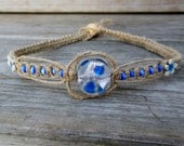 Eco friendly hemp necklace with blue flower beads