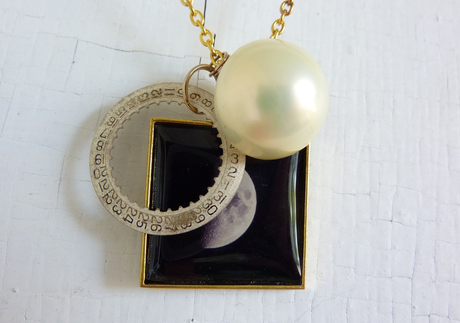 Moon Necklace on Upcycled Vintage Half Moon Pendant Necklace   Moon Phase   Gold