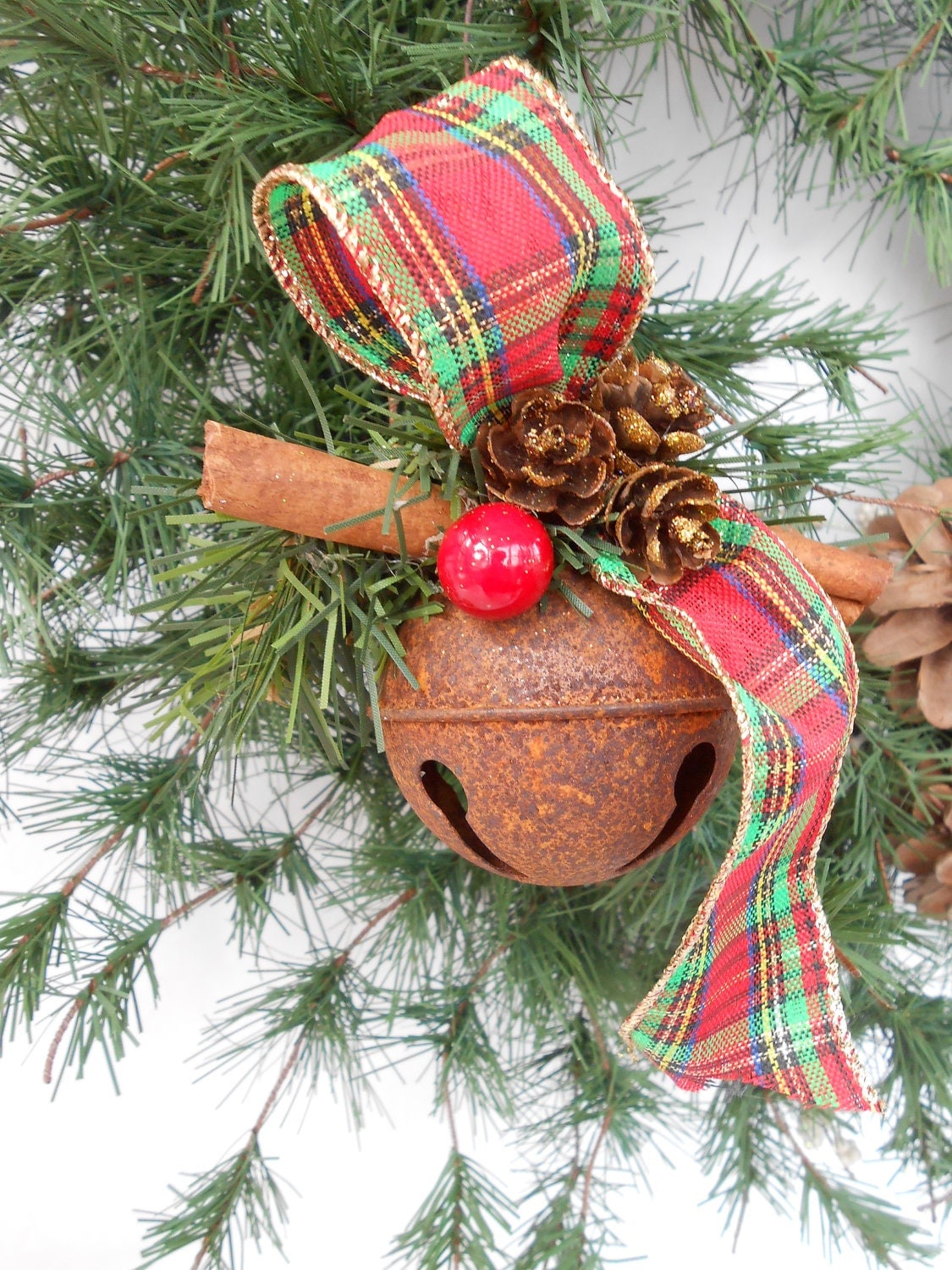 Country Rustic Jingle Bell Ornament W Red Plaid