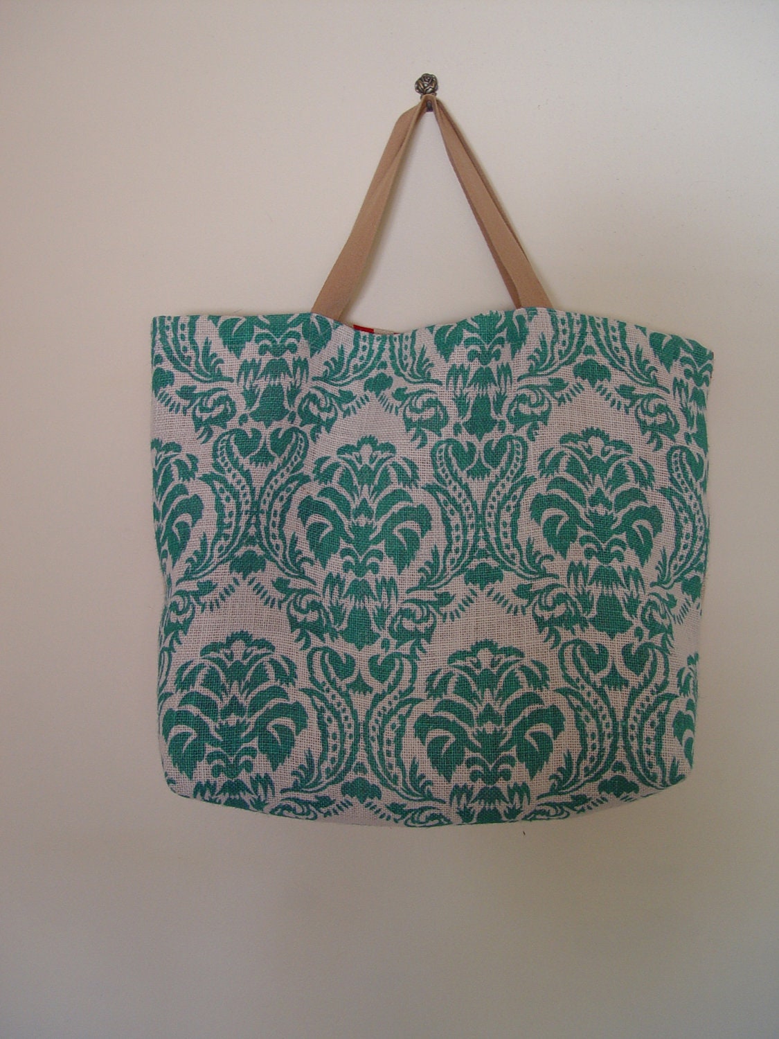 TOTE BAG - Handmade Hessian Tote Bag, Two Way Teal and Red Chevron design. Beach bag, nappy bag, market bag or carry all canvas jute bag.