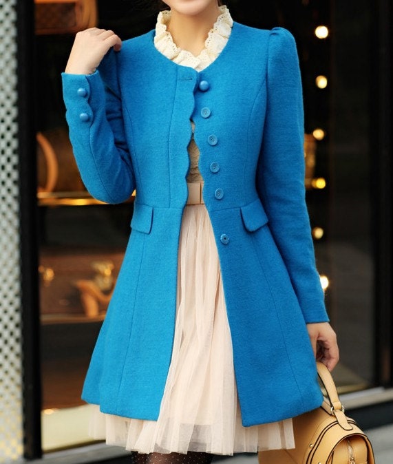 Women Blue OL Wool coat Cashmere winter coat Hood cloak Hoodie cape Hooded Cape/clothing /jacket/dress