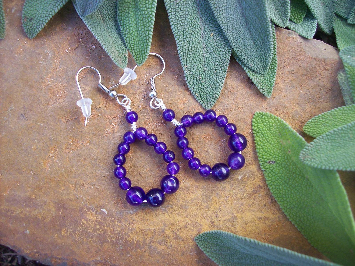 Polished Purple Amethyst Gemstone Bead Circle Hoop Earrings on Surgical Steel Wire - OOAK Nature Inspired Gift For Women - MountainUrsusDesigns