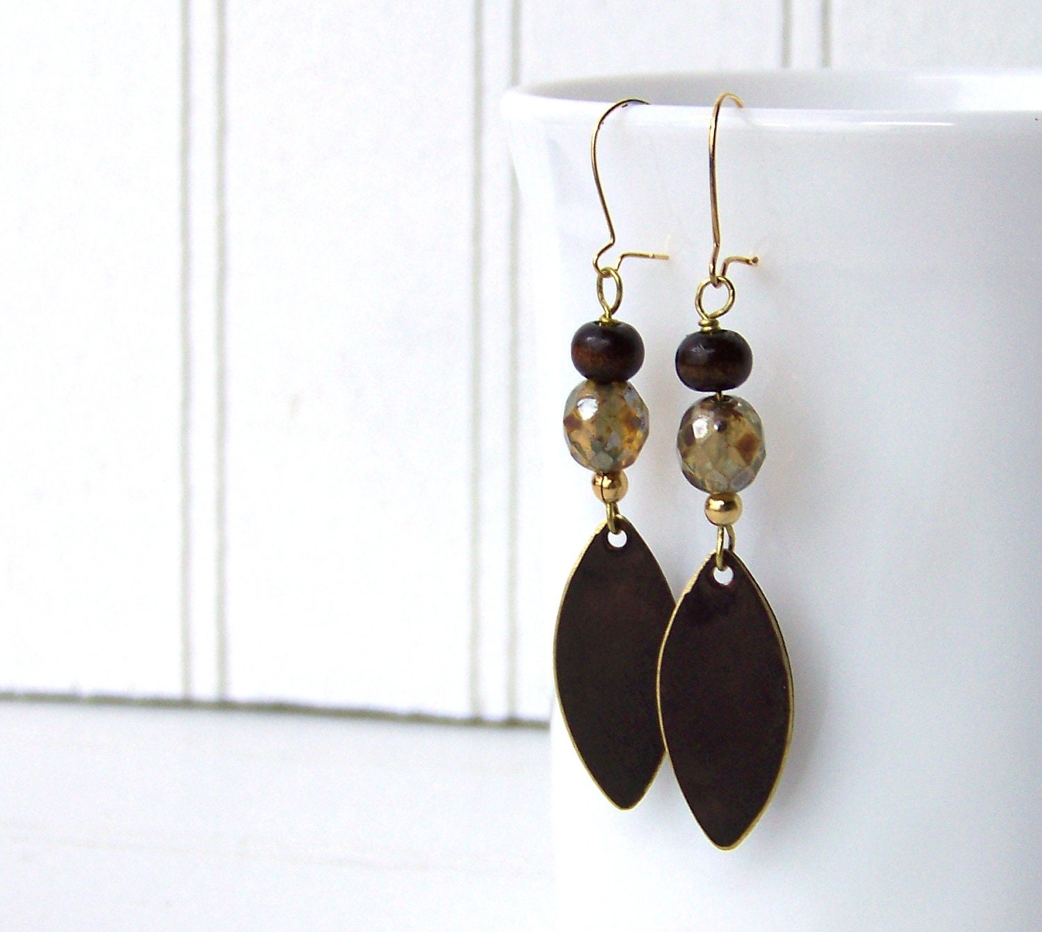brown dangle earrings, brass wood and glass, handcrafted - NobleEarthJewelry