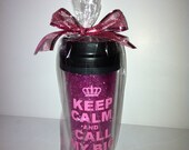 Keep Calm and Call my big 16 oz pink glitter travel mug can be personalized