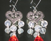 SALE 10% Off Teardrop Red White glass crystal chandelier heart silver tone metal earrings silver jewelry gift