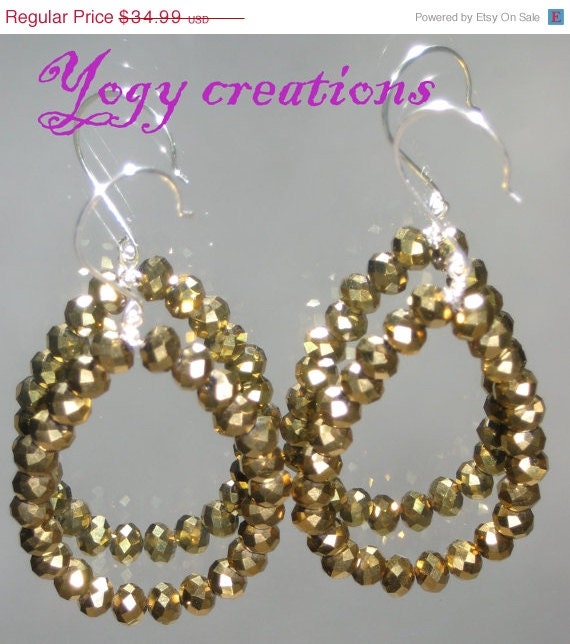 SALE 10% Off Gold bead hoop dangle teardrop shape on silver plated copper wire earrings jewelry Xmas gift