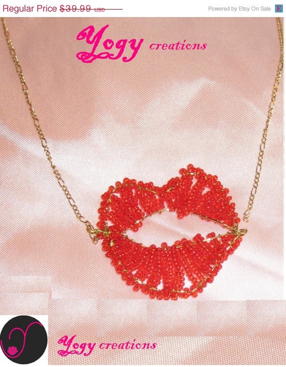 SALE 10% Off Red lips pendant seed bead smile marilyn monroe contemporary gold copper chain funky necklace jewelry gift