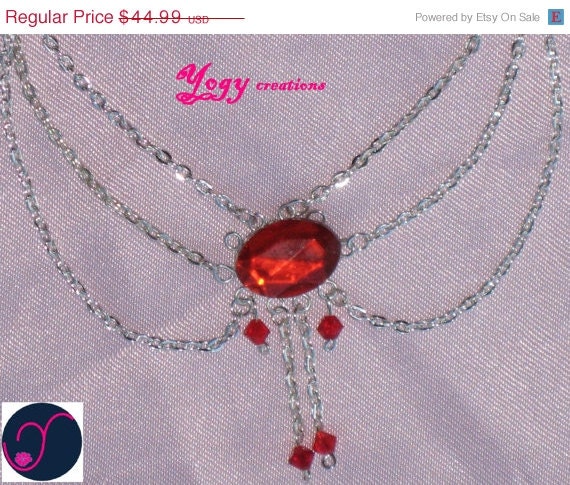 SALE 10% Off Vintage red diamante crystal bead silver plated chain victorian necklace jewelry gift