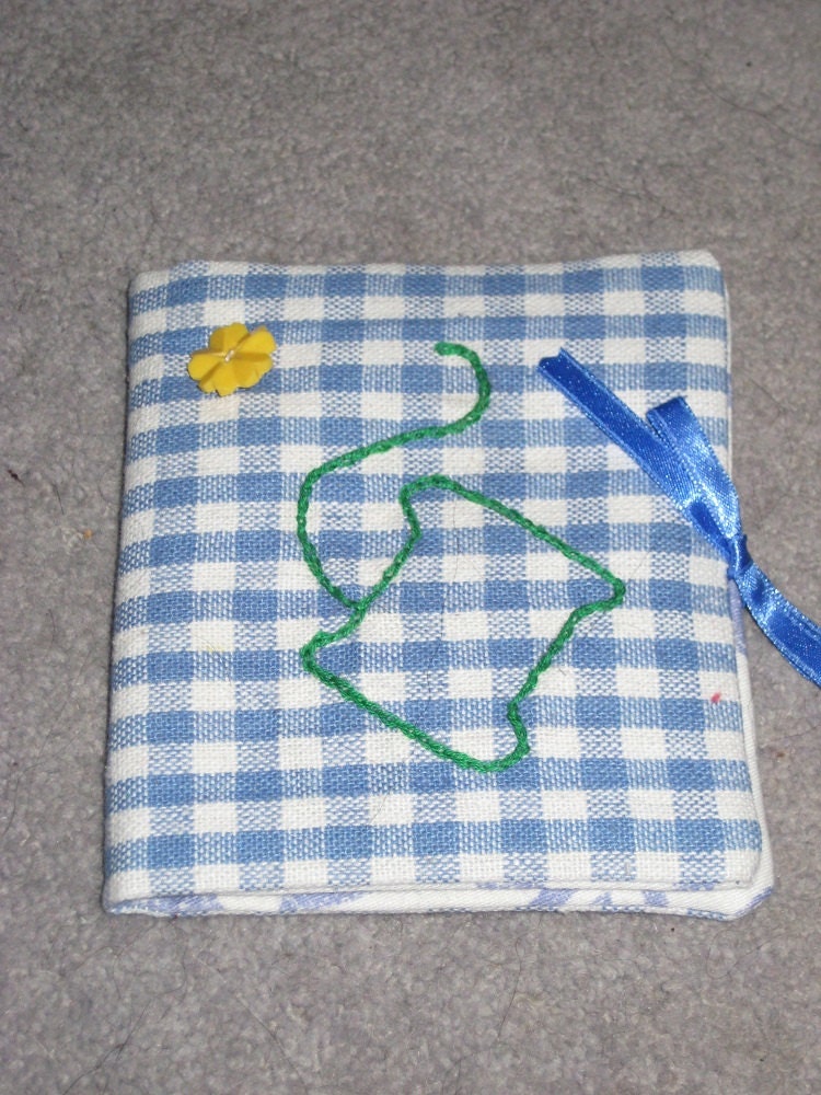 Handmade Blue Gingham Cotton Sewing Needle Case With Ribbon Fastening, Felt Pages And Embroidery Design And Button Detail