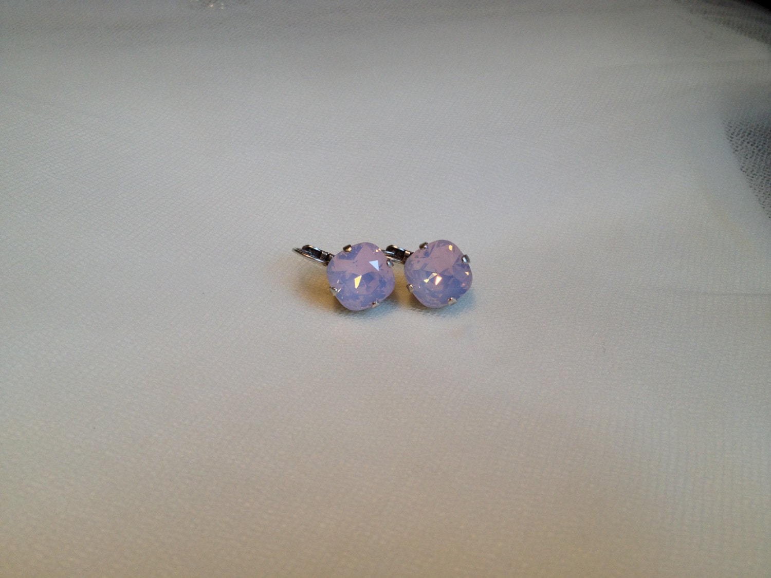 Rose Water Opal Swarovski crystal 12mm Cushion cut 4470 Leverback Dangle Drop Earrings Antique Silver Plate earrings