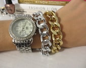 Ombre Shiny Silver and Gold Chunky Double Wrap Chain Bracelet