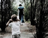 Walking Away - FREE SHIPPING - Print Woman Child Mother Blue Gray Path Green Nature Trees Tall Leaving Sad Boy Surreal Dark - caryndrexl