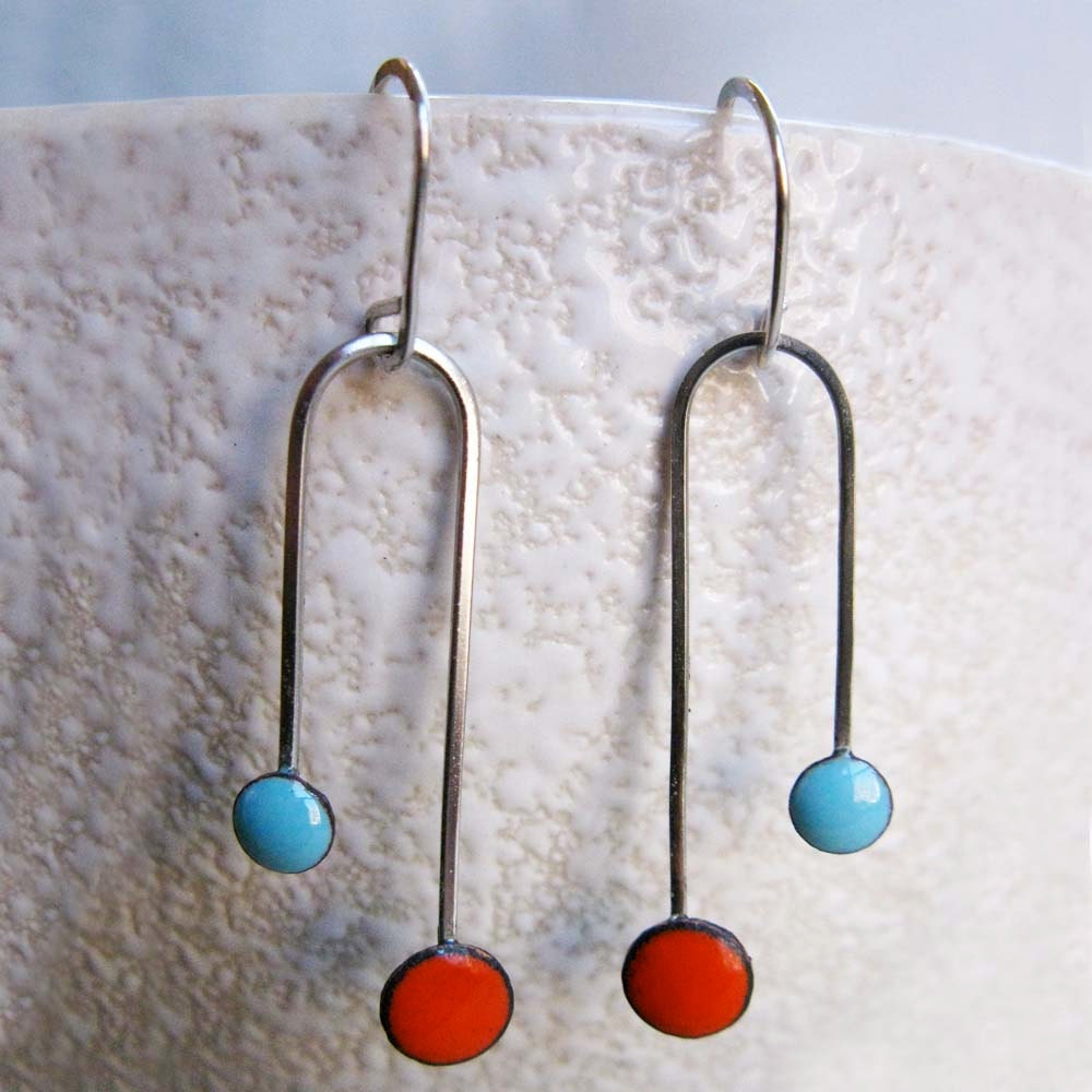 Ready to Ship: Enamel Earrings, Double Dipper Dangle, Tangerine Orange and Robins Egg Blue Glass Enamel and Sterling Silver Earrings