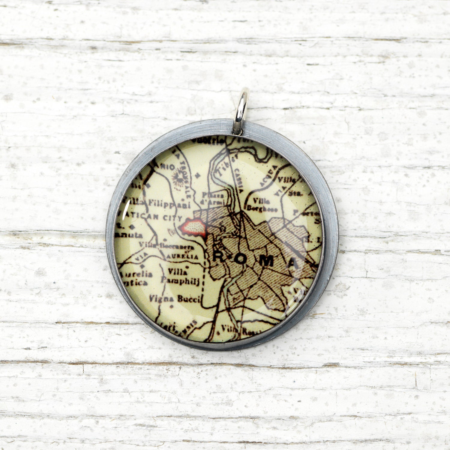 Roma Rome Italy - Vintage Map Pendant in Handmade Sterling Setting