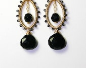 Black Onyx Earrings, Gold Wire Wrapped, Gemstone Teardrops