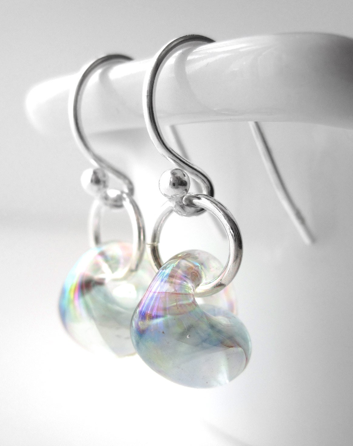 Tiny Bubble Glass Drop Earrings, Aurora Borealis AB Iridescent Lampwork Glass Beads, Oil Slick, Sterling Silver, Simple Modern Jewelry