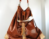 Emilie, antiqued tan brown leather tote, shoulder bag, with horn handle, handmade.