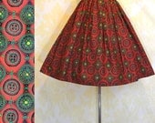 Vintage 50s Red Full Skirt S - Novelty Button Print - Full Circle - Attached Crinoline Slip