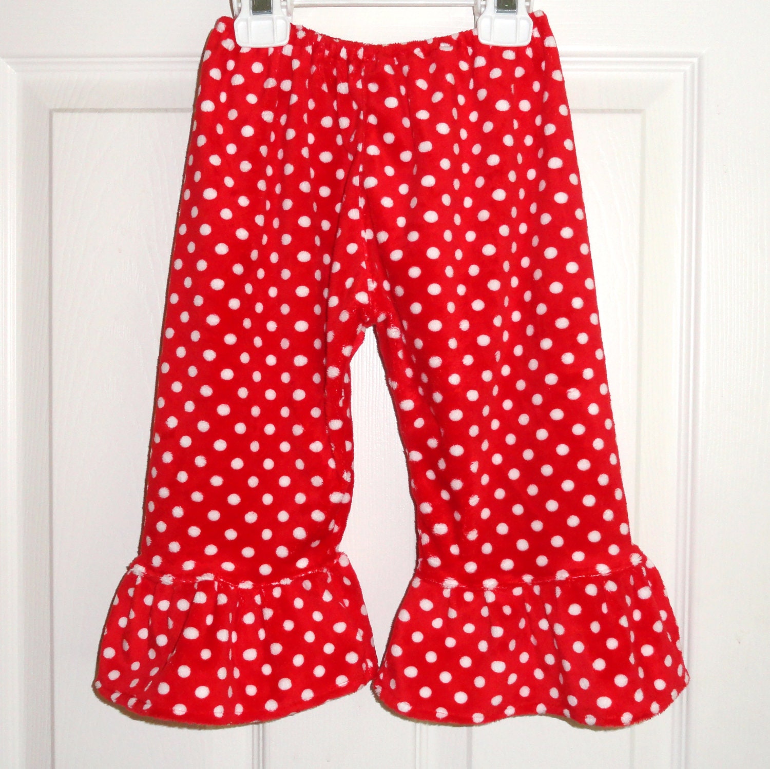 Girls Red Minky Polka Dot Ruffle Pants sizes 12m 2t 3t 4t 5t 6 7 8 10 - Amievoltaire
