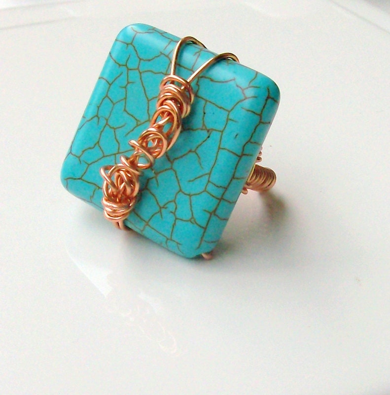 Bohemian Blue Turquoise & Copper Ring - Chunky jewelry - Rustic - Size 7 Ring - stoneandbone