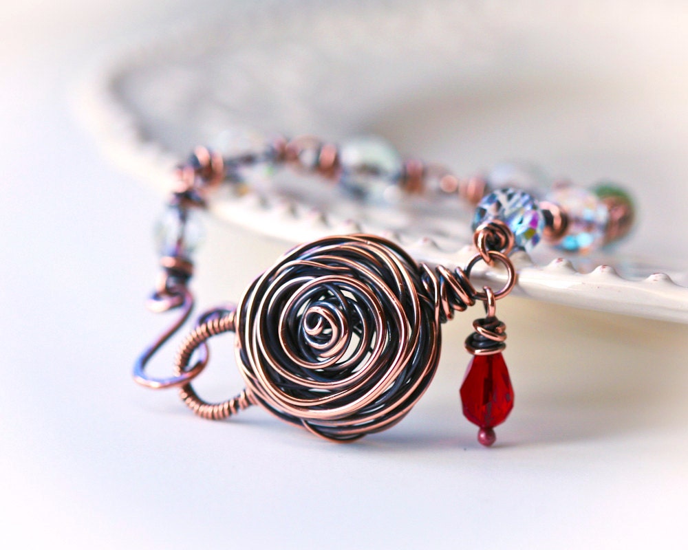 Copper Rose Wire Wrapped AB Crystal Bracelet - SALE 15% Off