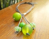 Lime green resin and lampwork glass bead lariat on cotton cord