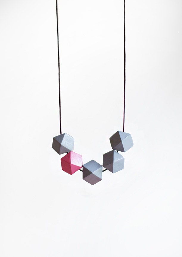 Geometric Necklace /Geometric Jewelry  / Wooden Necklace/  Grey Pink Necklace - BlueBirdLab