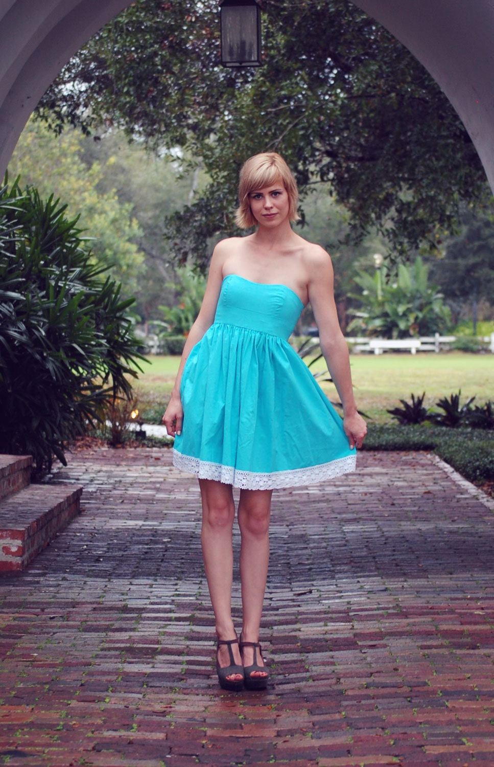 Claire Custom Strapless Sweetheart Cotton Bridesmaid Dress w Gathered Skirt and Crochet Lace in White or Ivory
