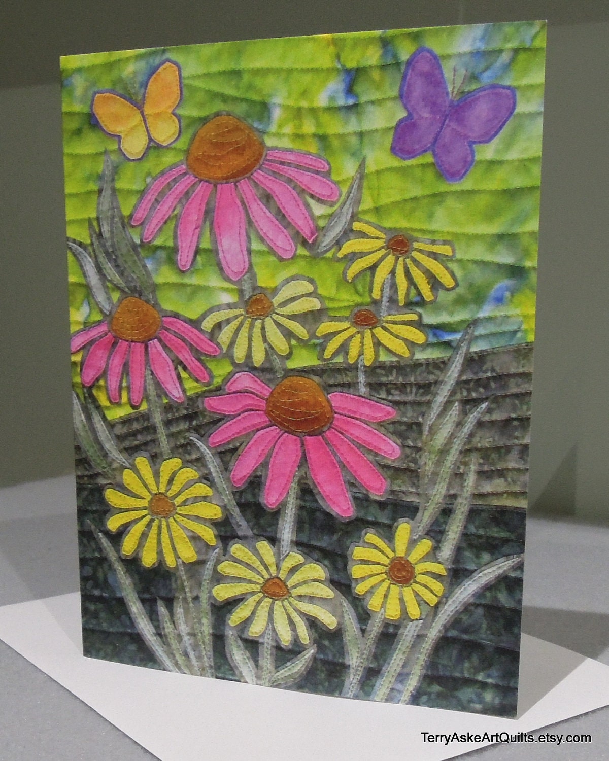 Art Quilt Note Card - Butterfly Garden - TerryAskeArtQuilts