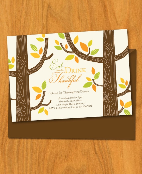 Custom Fall Leaves, Tree, Thanksgiving Dinner Party Printable Invitation 5x7, Eat Drink and be Thankful Il_570xn