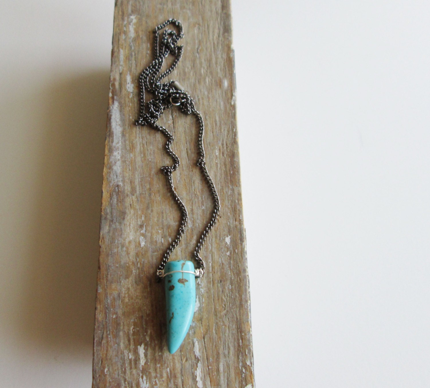 Stone Tooth Pendant. Gunmetal Chain. Turquoise Howlite. Boho. Layering. Simple.