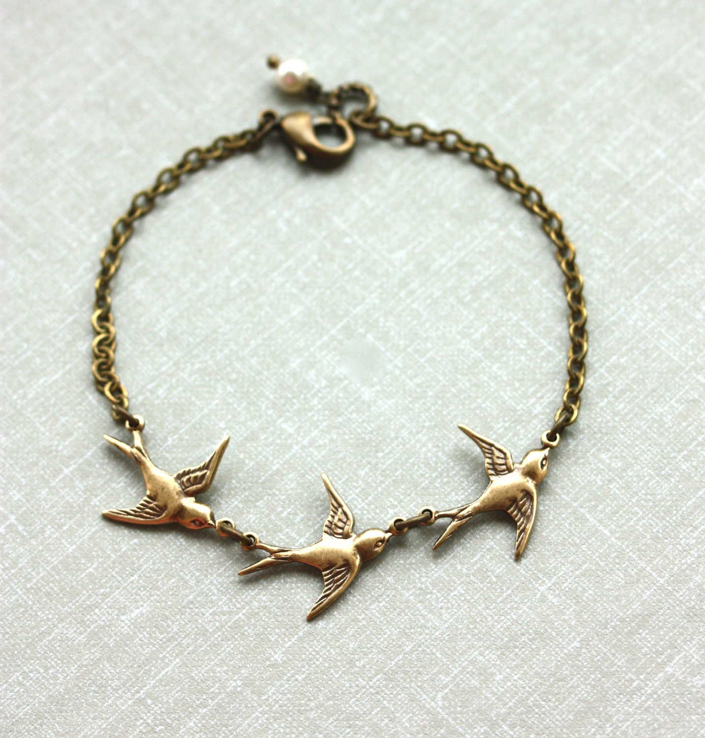Three Tiny Brass Flying Swallow Bird Pearl Bracelet. Mother Daughters. 3 Sisters. Best Friends. Seniors Graduation. A Family of 3. New Baby.