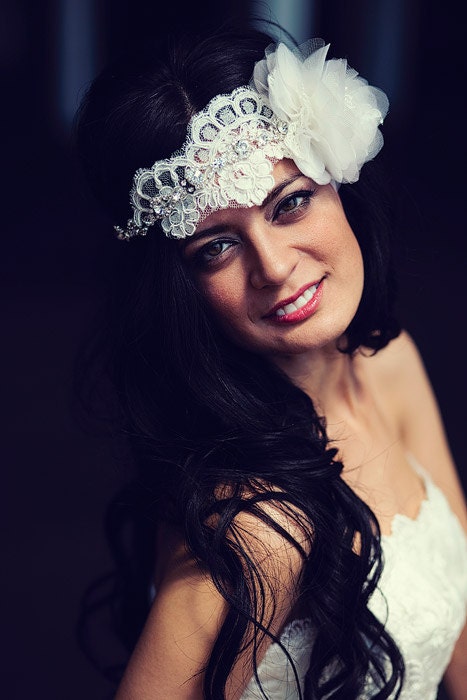 Alencon Lace, Flower, and Rhinestone ribbon bridal headband