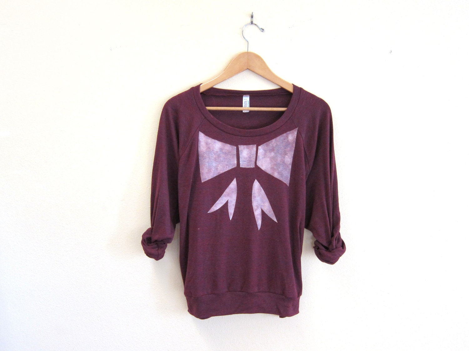 Bow Tie - HAND STENCILED Slouchy Trompe L'oeil Deep Scoop Neck Lightweight Sweatshirt in Heather Cranberry - S M L XL