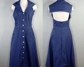 1970's Sailor Pin-up Backless Denim Dress, M/L