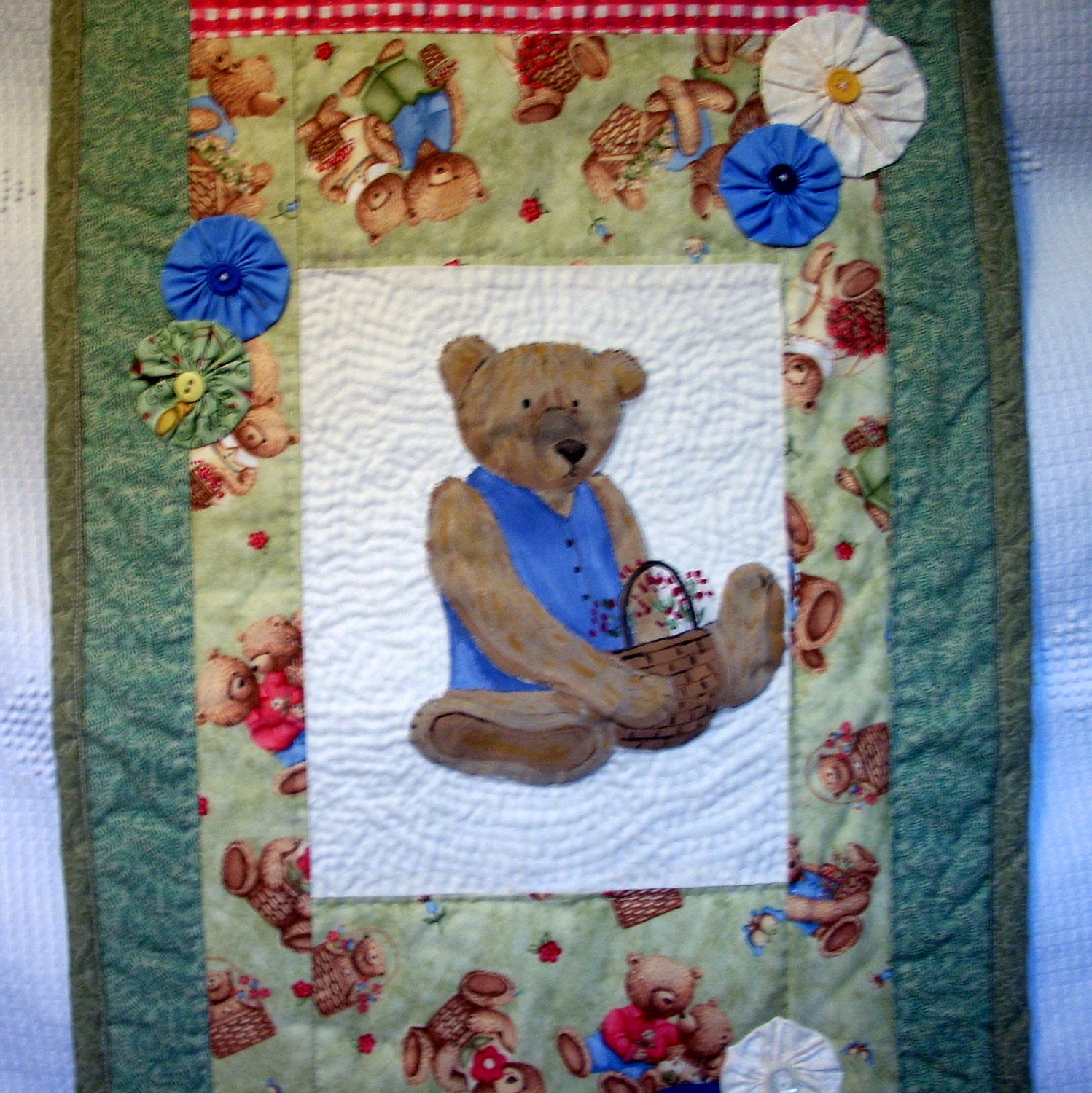 Baby Quilt Teddy Bear Picnic Handmade Nursery Decor Painted Children's Room Decor Wall Hanging Home Decor