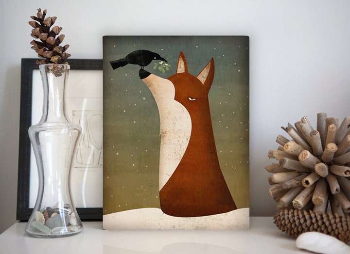 Fox, Crow and Mistletoe winter Gallery Wrapped Canvas Wall Art 8x10x1.5 inches By Ryan Fowler
