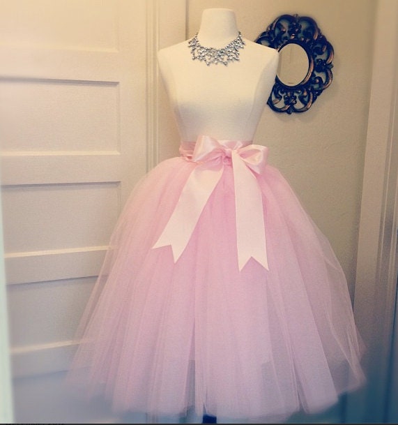 Light Pink Blush Tulle Tutu Tea Length Skirt with White Satin Sash Made to Measure Ballet Retro