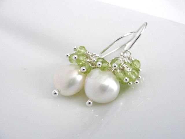 August Birthday: Peridot, Earrings, Sterling Silver, Designer, Birthstone, Pearl, Gemstone, Clusters, Dangle, Jewelry 0091