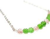 Watermelon Necklace, Flower Necklace, Silver Bright Neon Green, Pale Pink Rose Buds Summer Fashion, Gift Under 30 Choker,