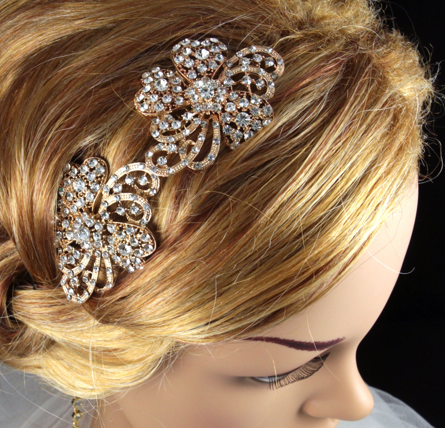 Set of (2) - Beth - Wedding Hair Comb, Accessories, Rose Gold, Pink Gold, Champagne, Rhinestones, Crystal, Swarovski, Czech crystal