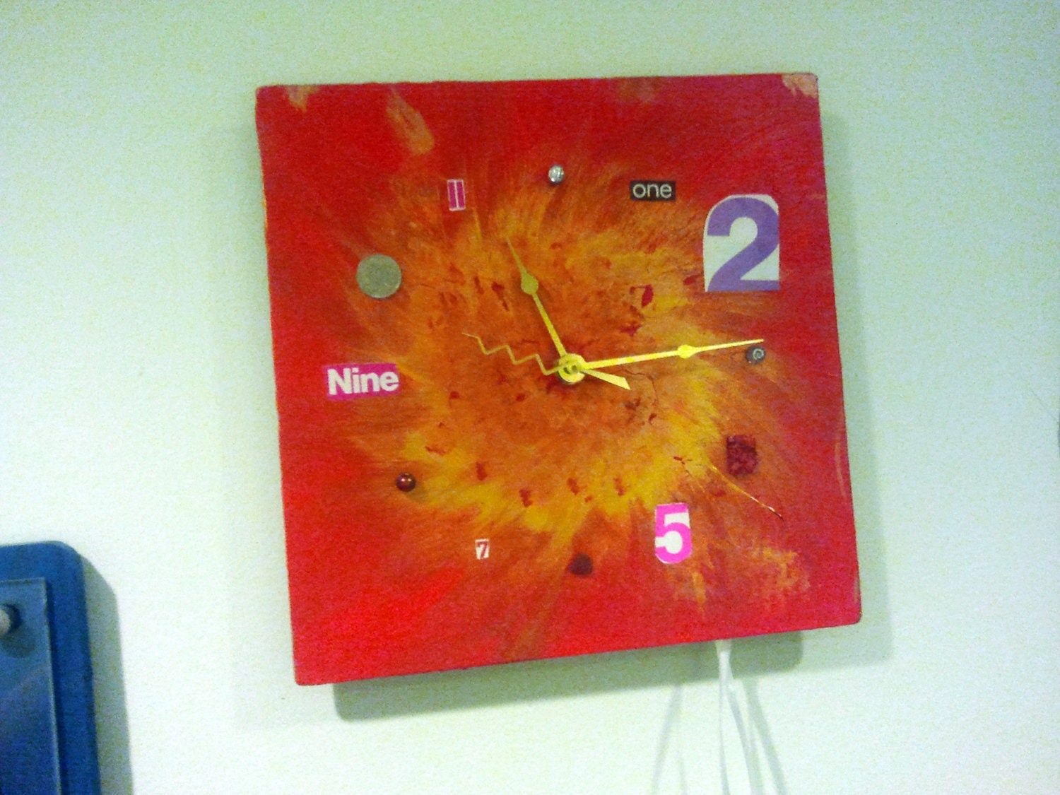 Glossy orange and gold abstract mixed media art clock - unique, functional art -- a great holiday gift
