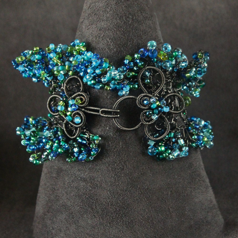 Cuff Bracelet Wire Crochet with Seed Beads: "Goddess of the Waves"